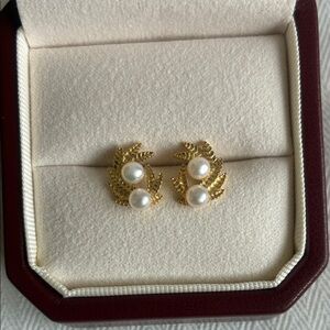 Gold Leaf Pearl Earrings | Sterling Silver Posts |Christmas Gift for Her